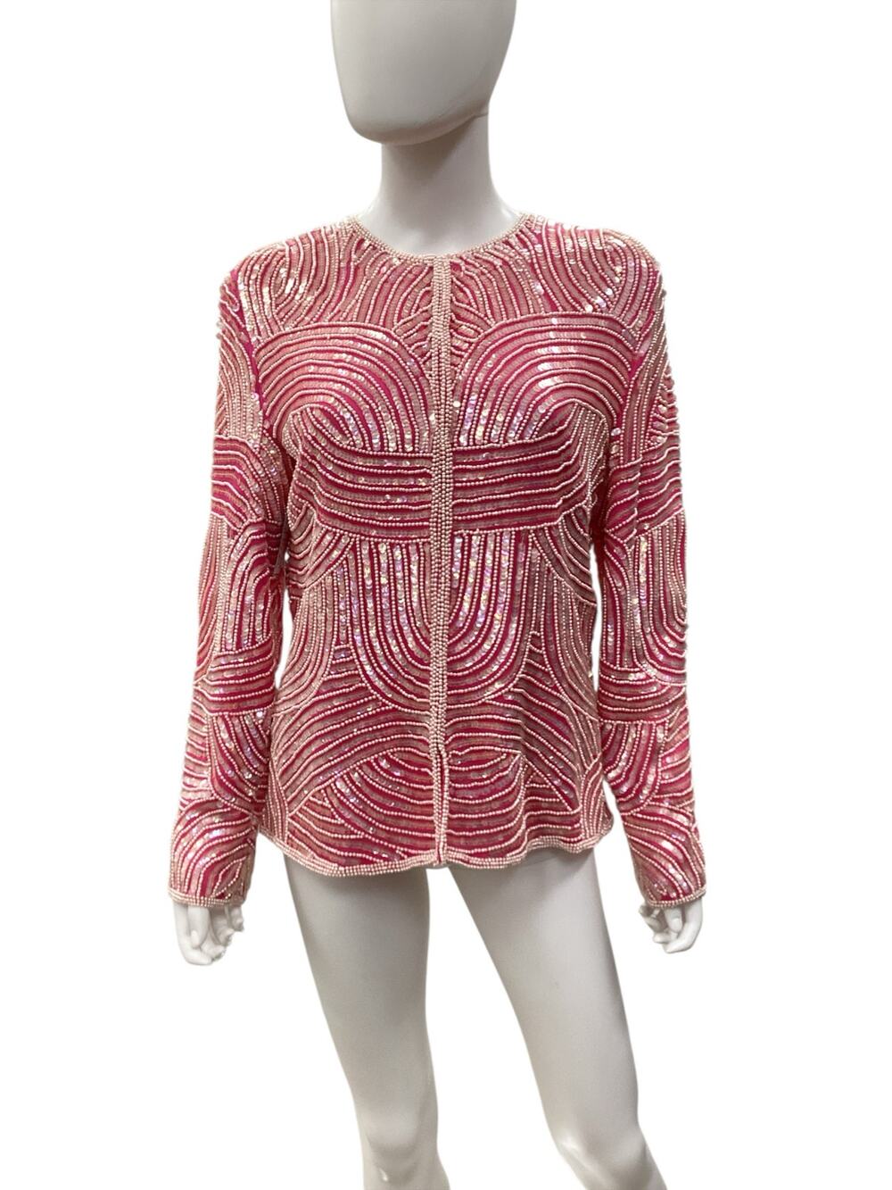 VTG Top Women’s Size S Silk Faux Pearls Clear Iridescent SequinsLong Sleeve Pink